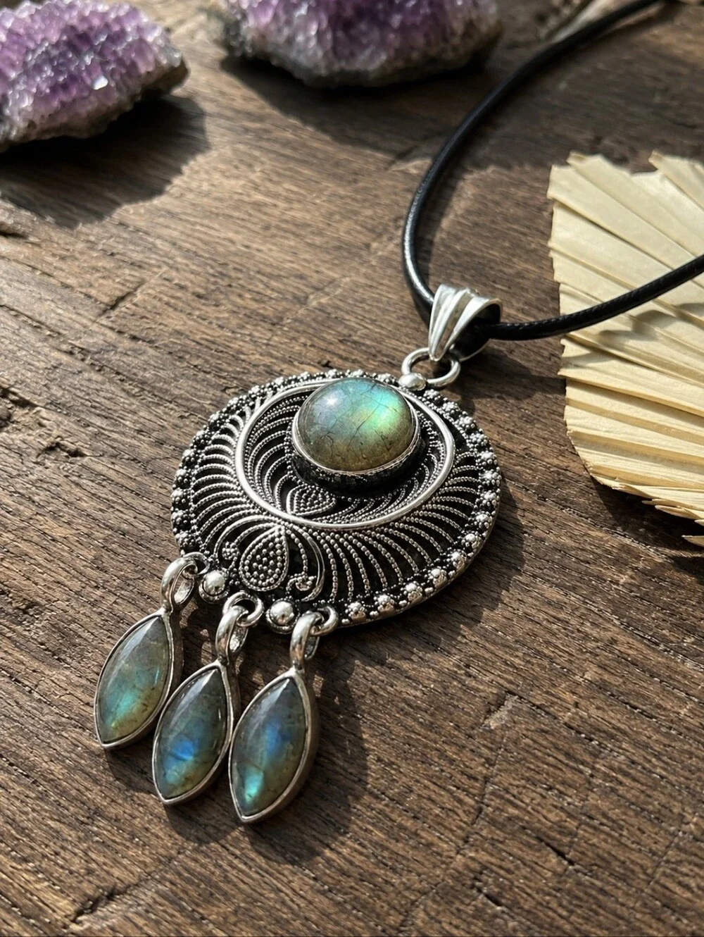 Sterling Silver Labradorite Mandala Dreamcatcher Medallion Pendant Necklace Boho